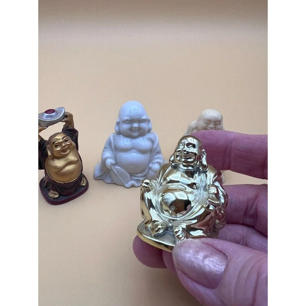 Lot of 8 Miniature Buddha and Happy Buddha Figurines - Stone, Resin, Ceramic